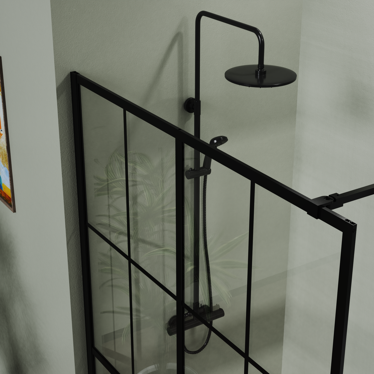 Tempered Glass Shower Screen with Open Entry - Black