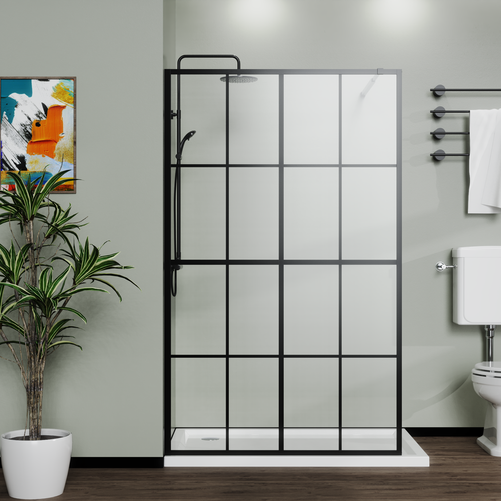 Tempered Glass Shower Screen with Open Entry - Black