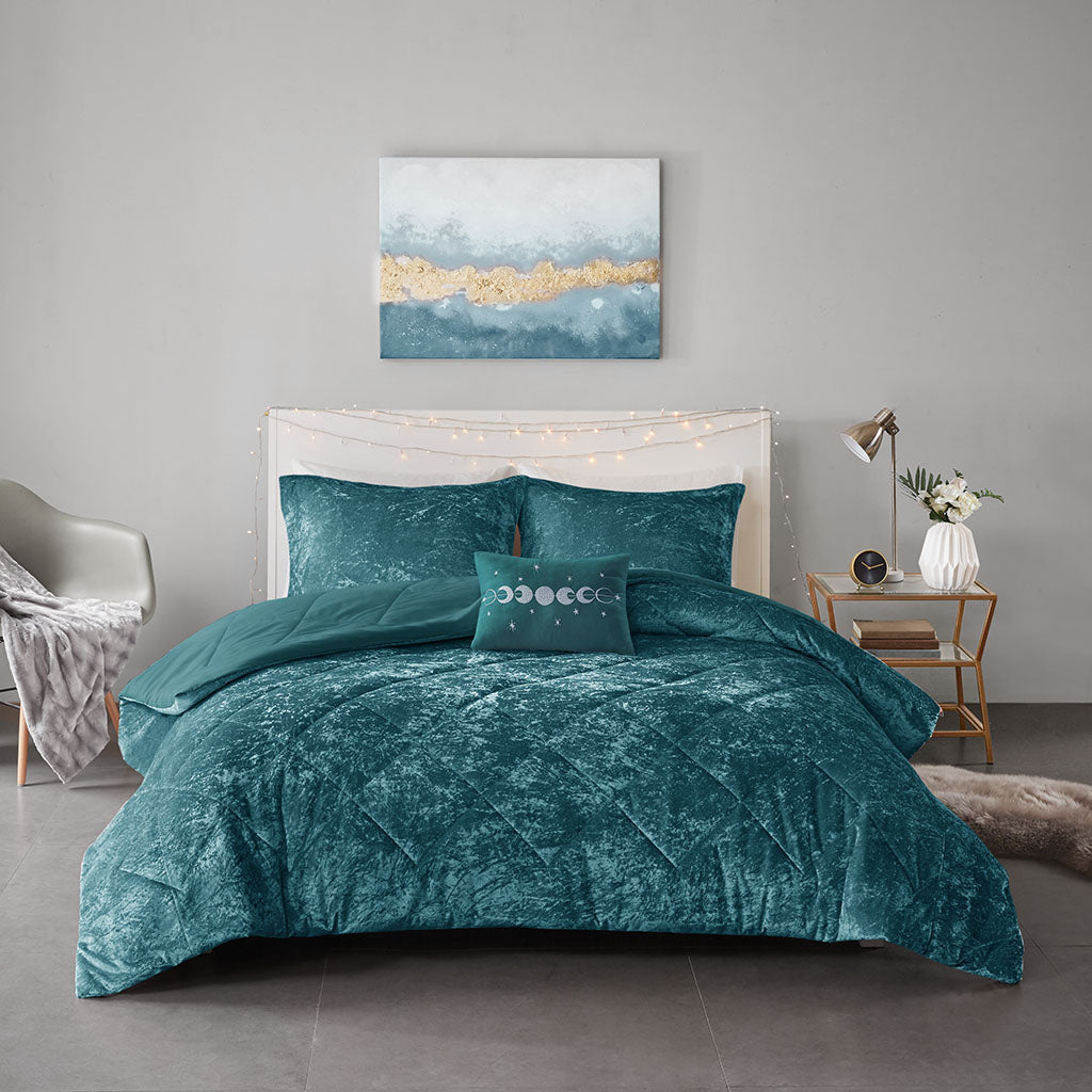 Velvet Full/Queen Comforter Set with Decorative Pillow - Teal or Black