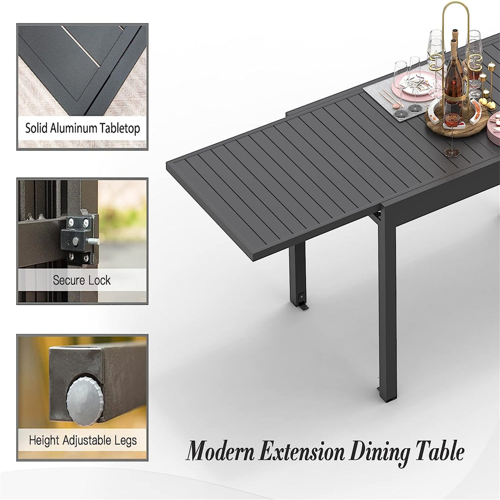 Expandable Aluminum Patio Dining Table with Rectangular Design - Black