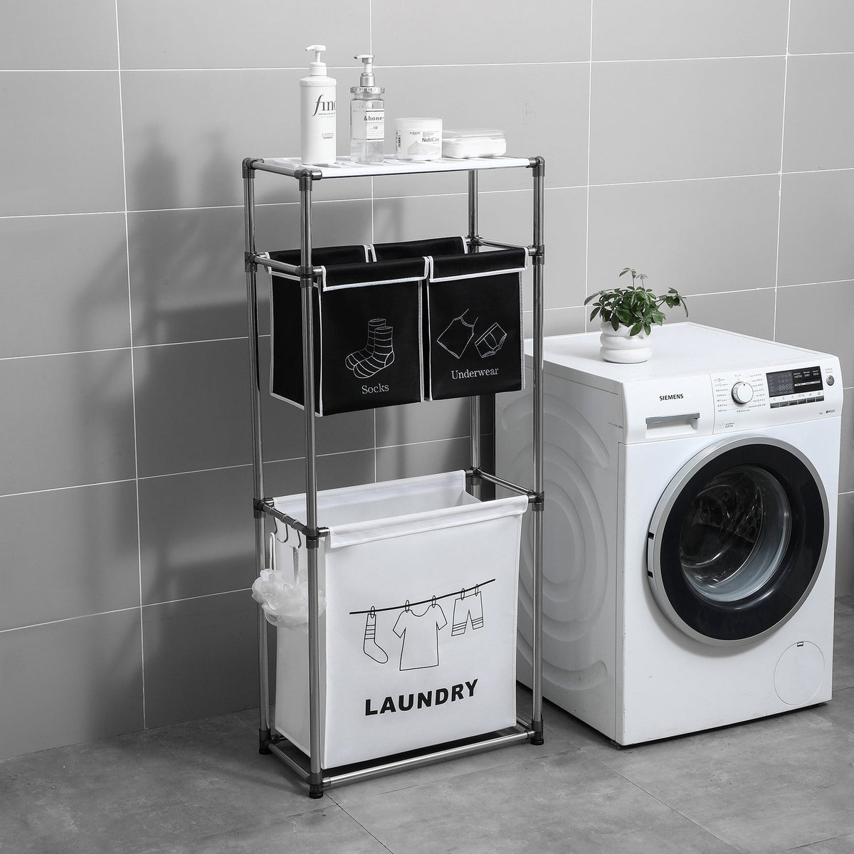 3 Tier Laundry Hamper Sorter with 4 Removable Bags - Fabric Bathroom Storage