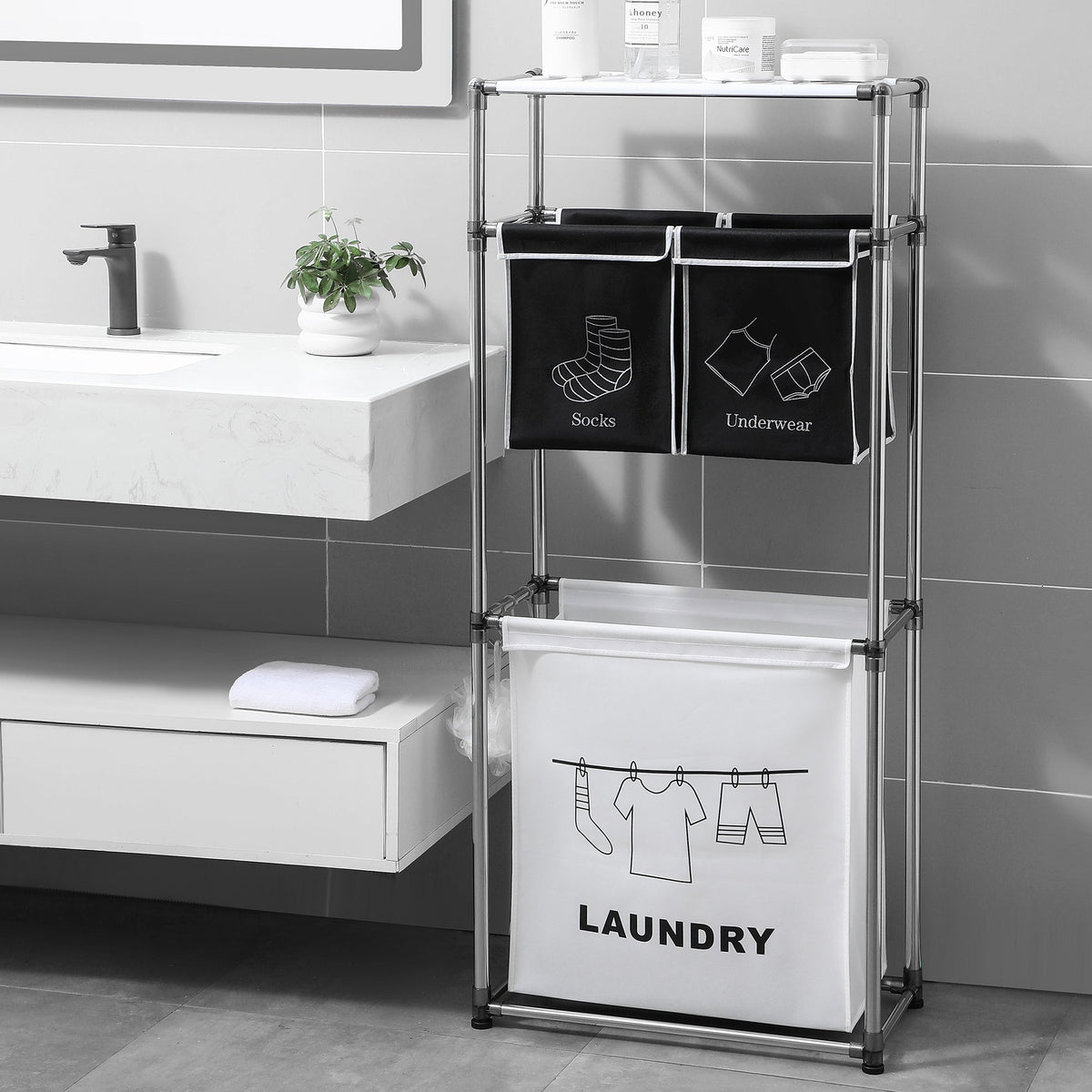 3 Tier Laundry Hamper Sorter with 4 Removable Bags - Fabric Bathroom Storage