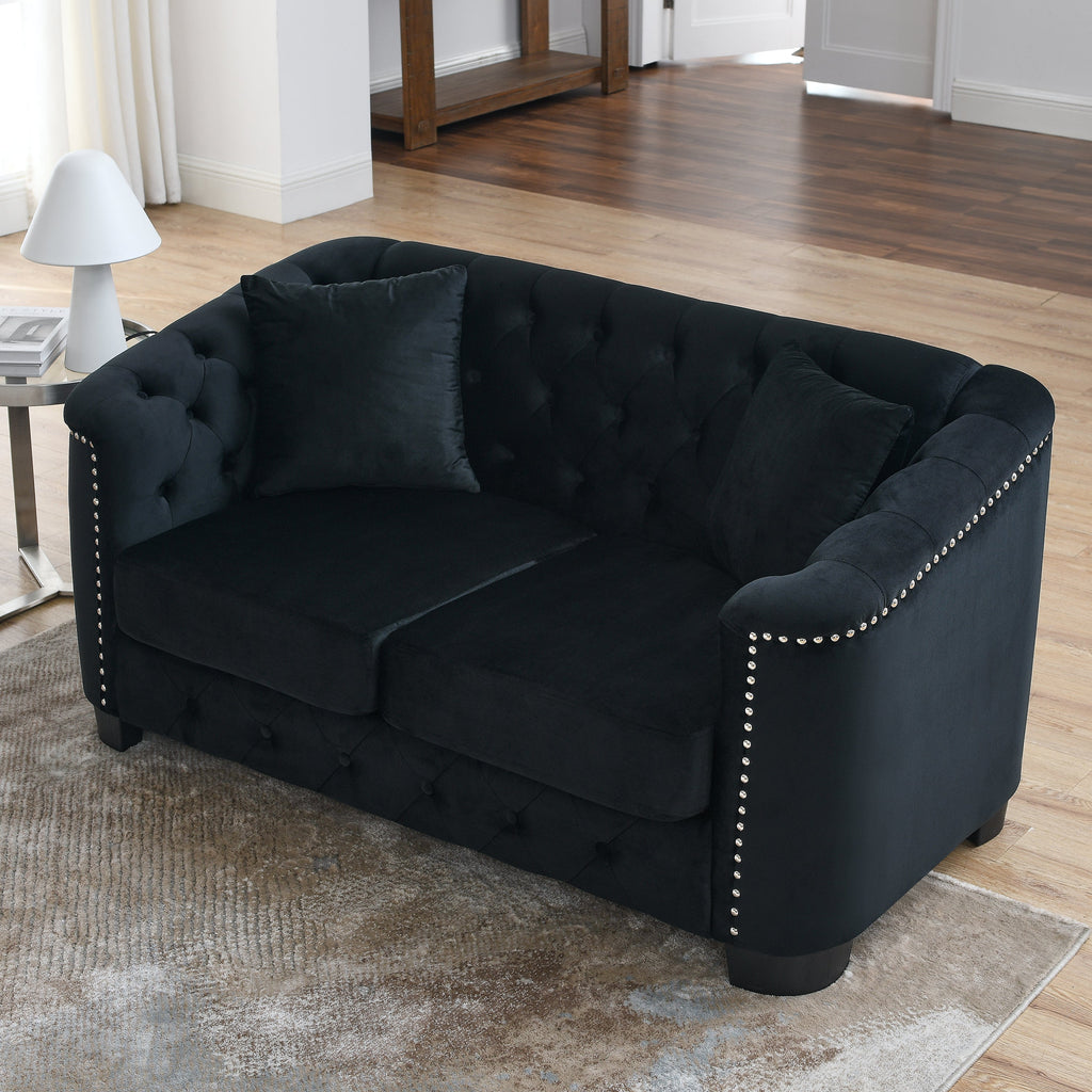 59-Inch Modern Chesterfield Velvet Sofa with Tufted Backrests - Black