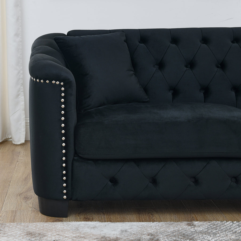 59-Inch Modern Chesterfield Velvet Sofa with Tufted Backrests - Black
