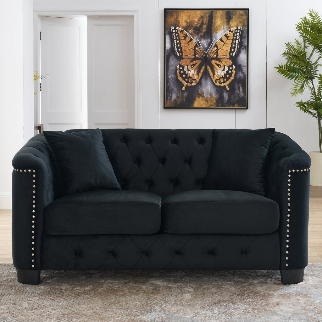 59-Inch Modern Chesterfield Velvet Sofa with Tufted Backrests - Black