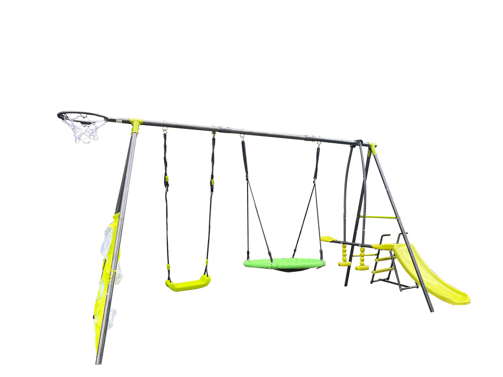 Saucer Swingset with Mini Slide – Steel Outdoor Playset - Green or Grey+Blue