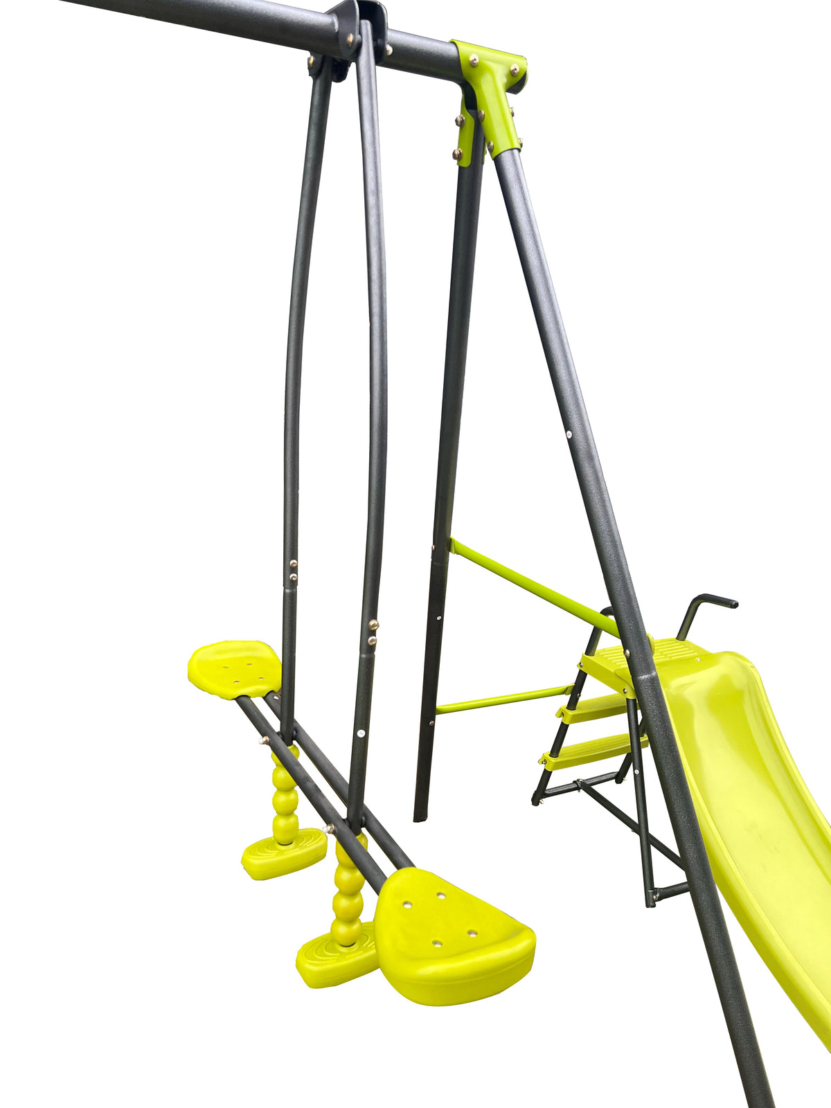 Saucer Swingset with Mini Slide – Steel Outdoor Playset - Green or Grey+Blue