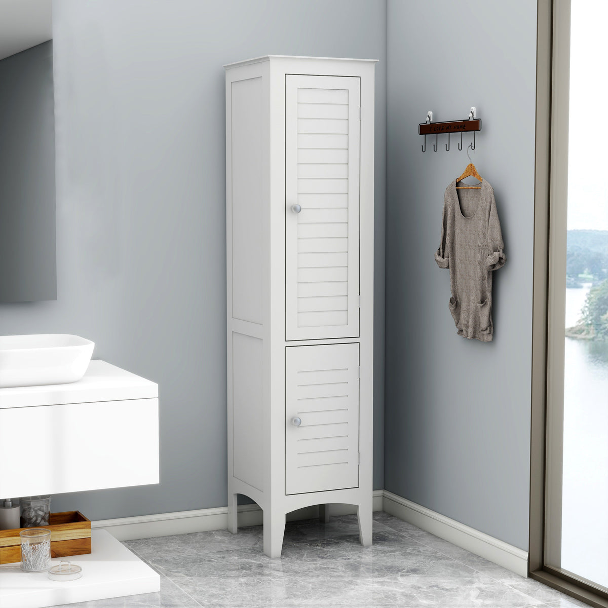 Tall Narrow Tower Freestanding Cabinet with Shutter Doors - White