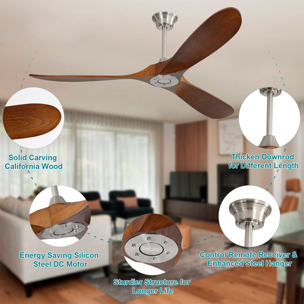 60 Inch Indoor Modern Ceiling Fan with Solid Wood Blades - Brushed Nickel