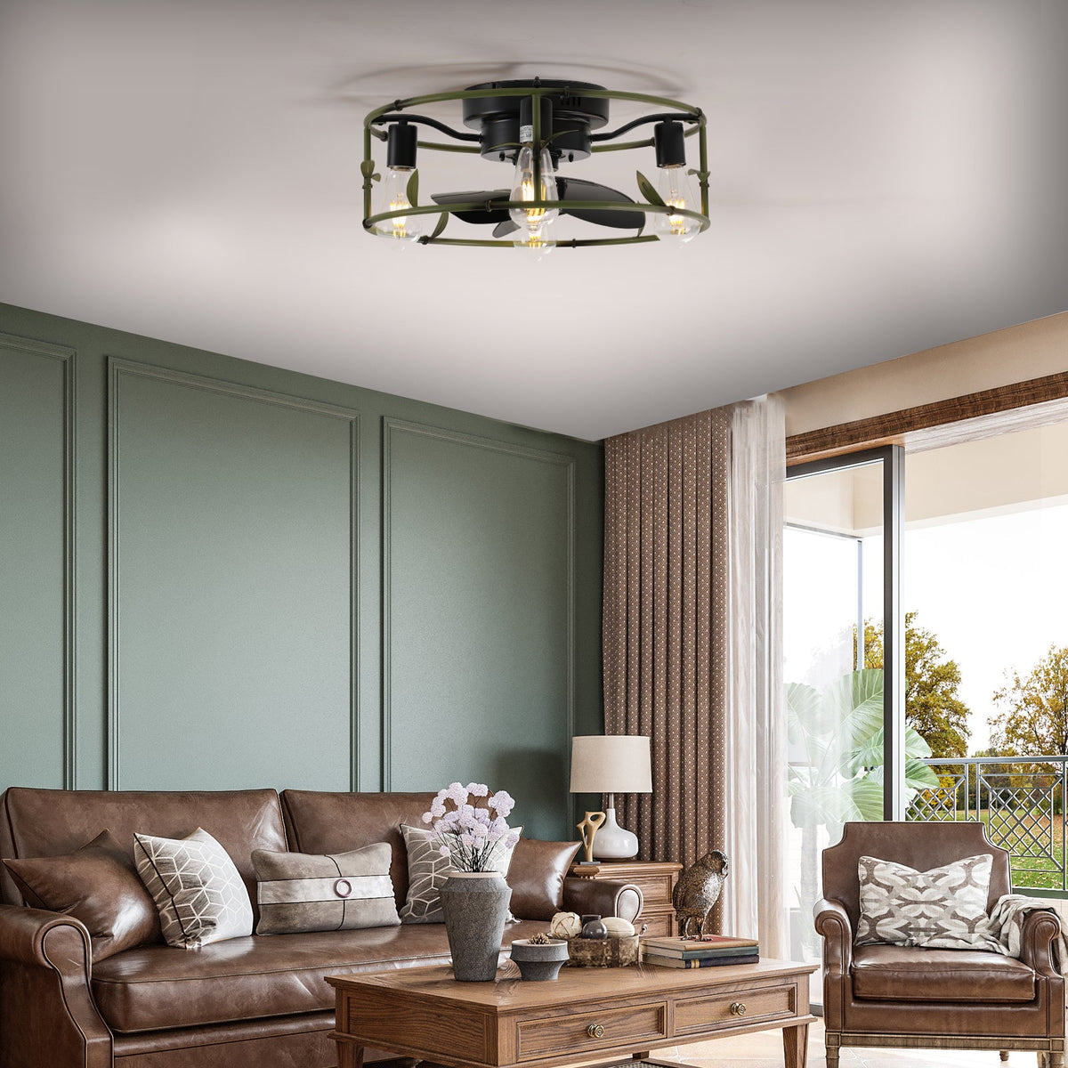 Green Industrial Ceiling Fan with Flush Mount Light - 19"