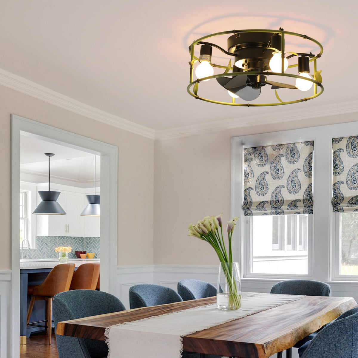 Green Industrial Ceiling Fan with Flush Mount Light - 19"
