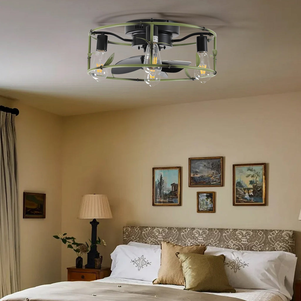 Green Industrial Ceiling Fan with Flush Mount Light - 19"