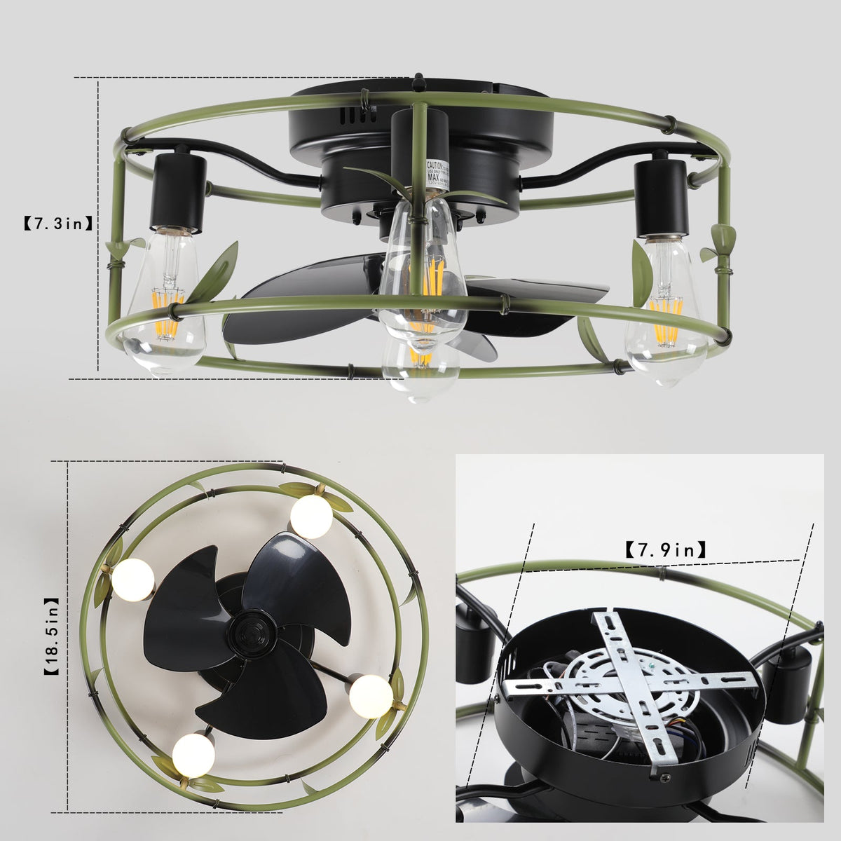 Green Industrial Ceiling Fan with Flush Mount Light - 19"