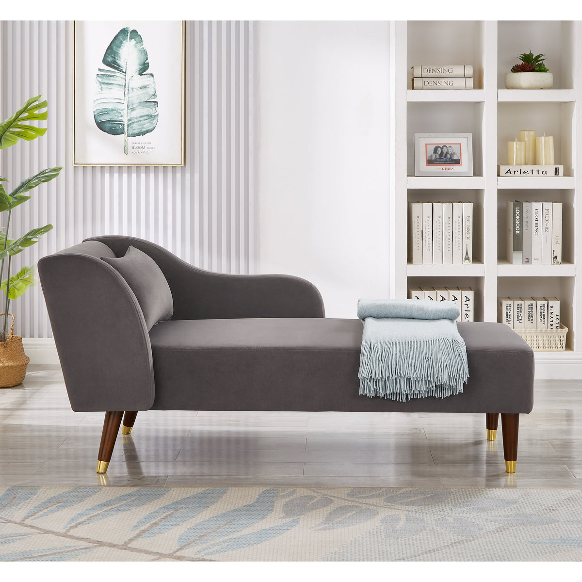 Modern Chaise Lounge Chair with Velvet Upholstery - Grey