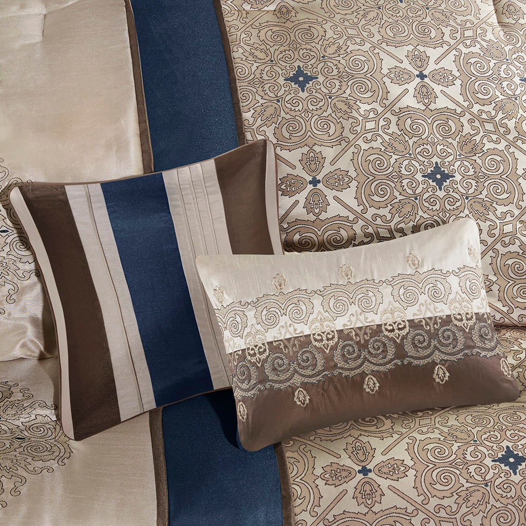 Queen 7 Piece Jacquard Comforter Set with Throw Pillows - Navy or Red