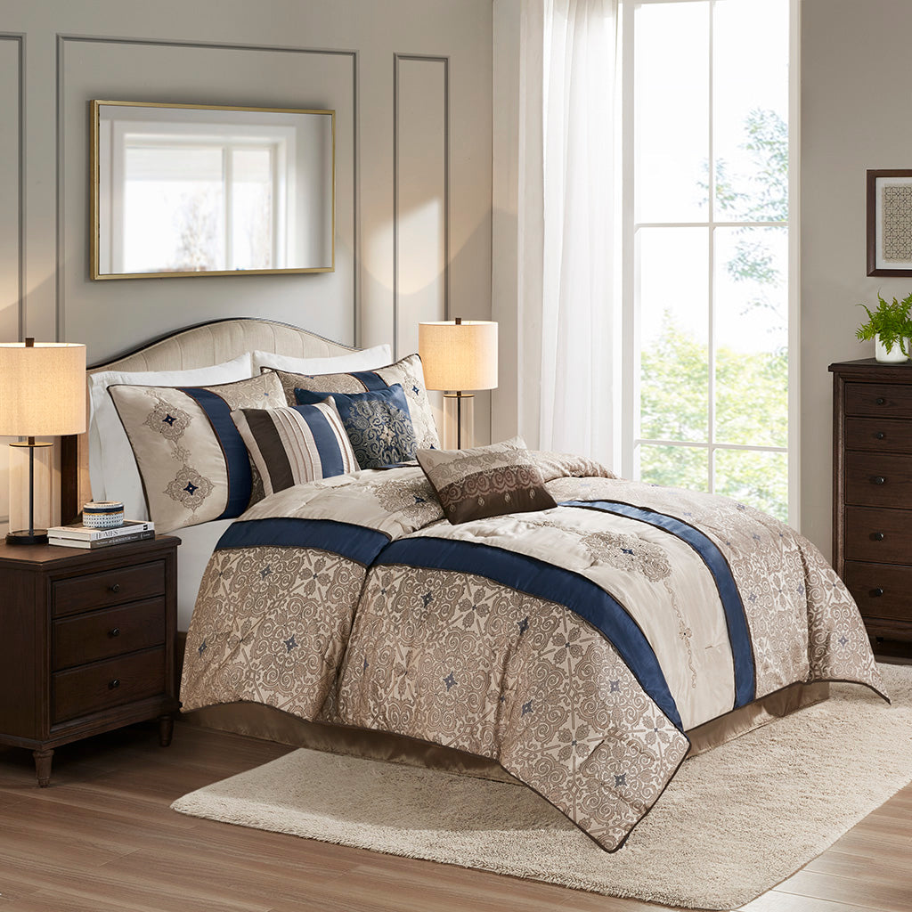 Queen 7 Piece Jacquard Comforter Set with Throw Pillows - Navy or Red