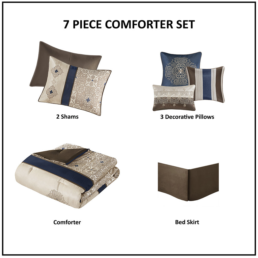 Queen 7 Piece Jacquard Comforter Set with Throw Pillows - Navy or Red
