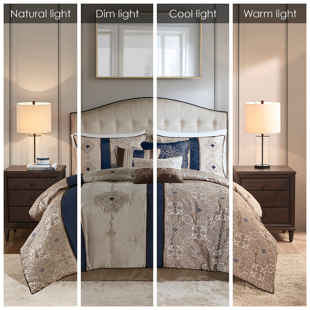 Queen 7 Piece Jacquard Comforter Set with Throw Pillows - Navy or Red