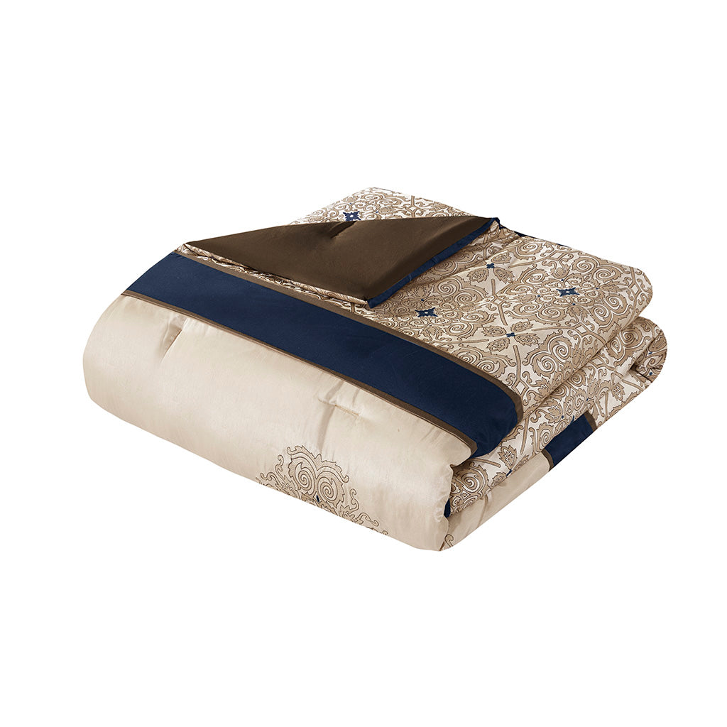 Queen 7 Piece Jacquard Comforter Set with Throw Pillows - Navy or Red
