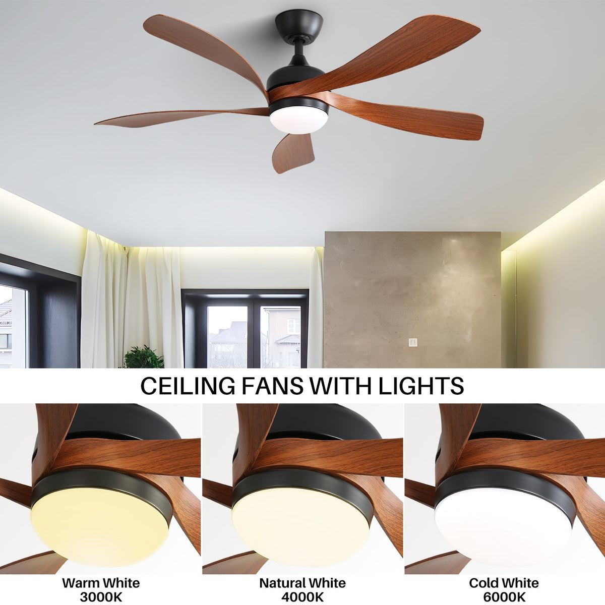 52 Inch Indoor Ceiling Fan with Dimmable LED Light and Remote - Black