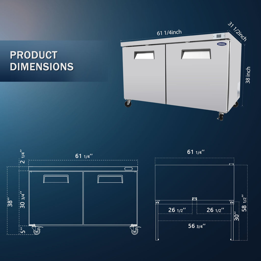 60" Stainless Steel Under Counter Freezer with Two-Door Design - Silver