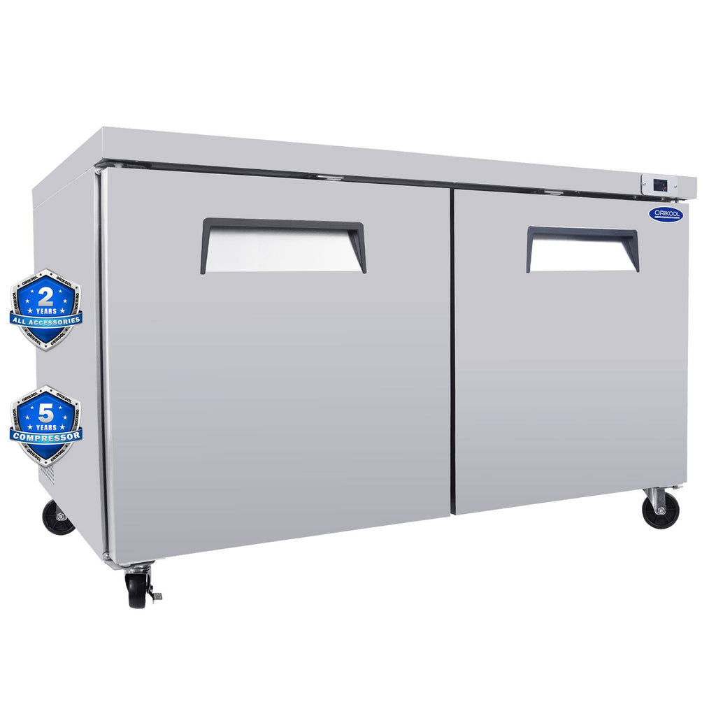 60" Stainless Steel Under Counter Freezer with Two-Door Design - Silver