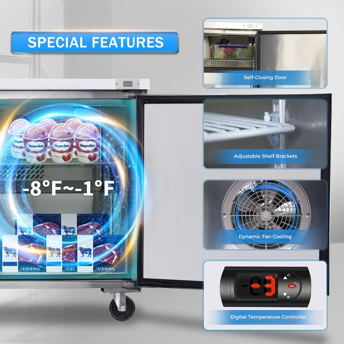 60" Stainless Steel Under Counter Freezer with Two-Door Design - Silver