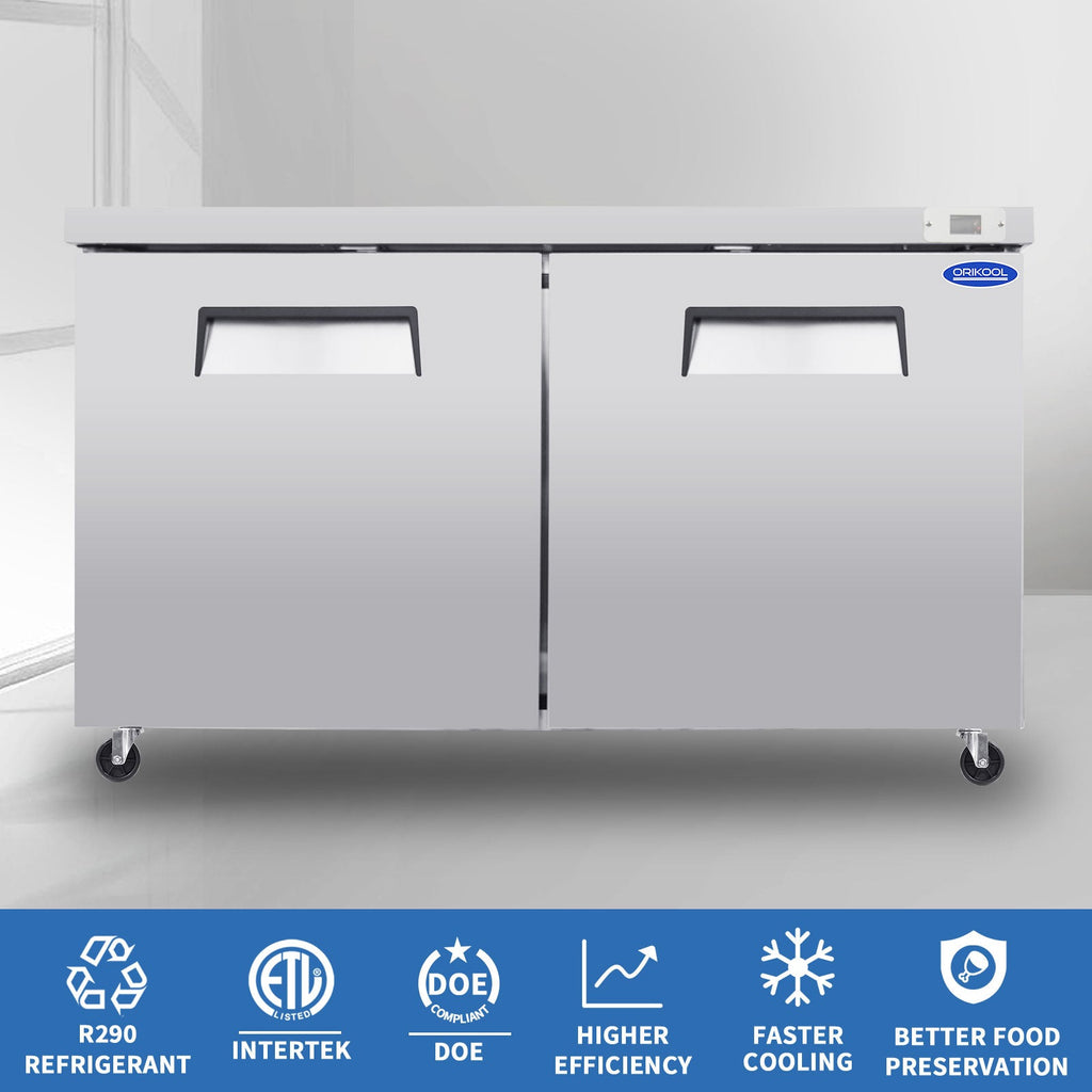 60" Stainless Steel Under Counter Freezer with Two-Door Design - Silver