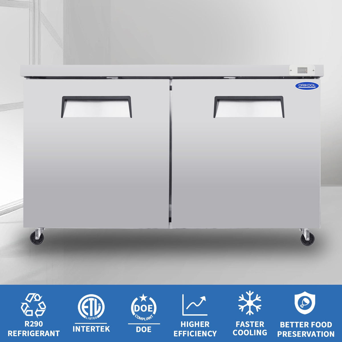 60" Stainless Steel Under Counter Freezer with Two-Door Design - Silver