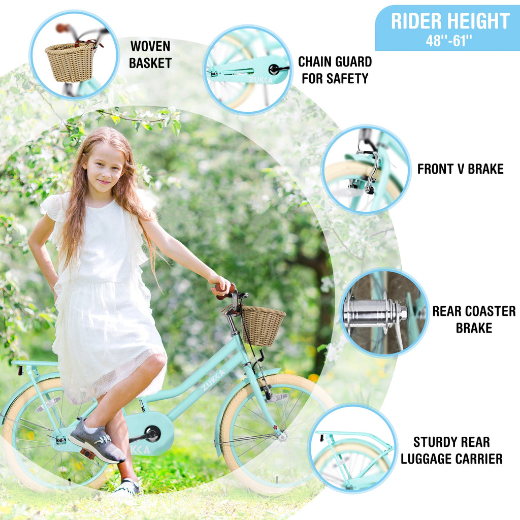Girls 20 Inch Bike with Basket - Steel Frame for Ages 7-10