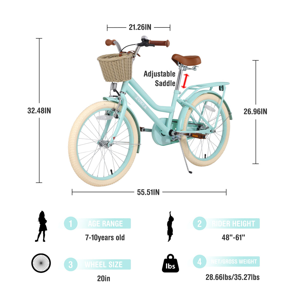 Girls 20 Inch Bike with Basket - Steel Frame for Ages 7-10