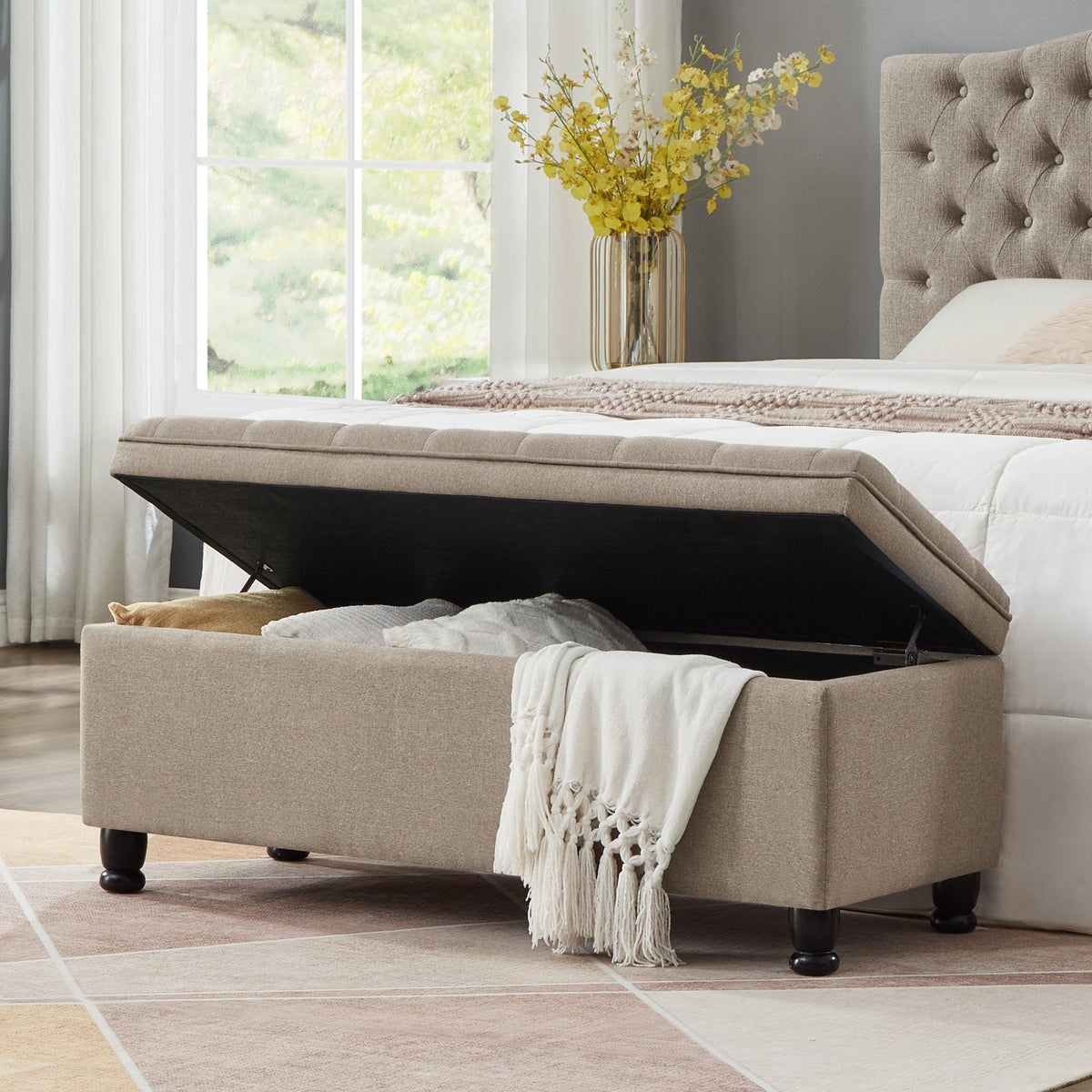 Upholstered Tufted Button Storage Bench with Hidden Storage - Linen
