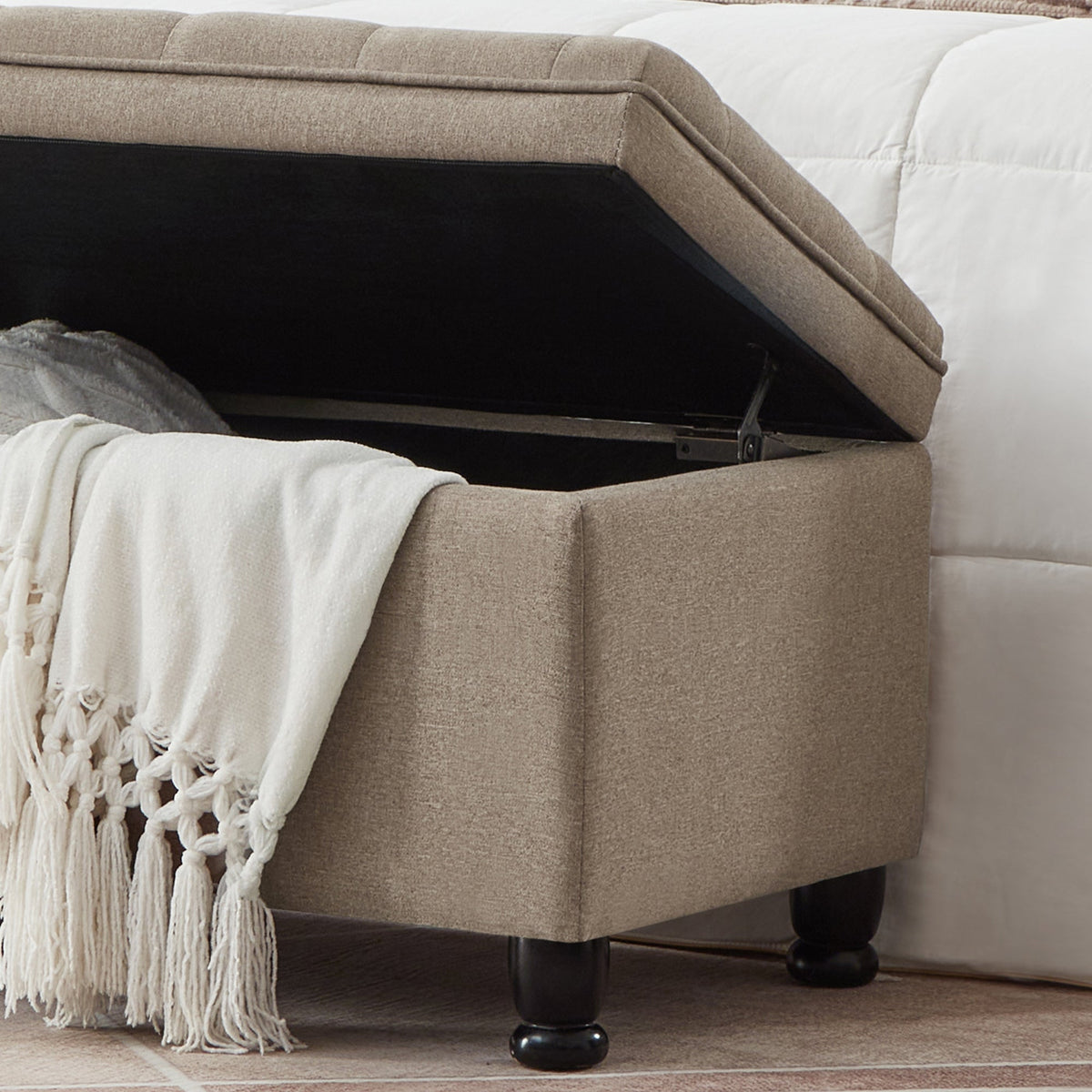 Upholstered Tufted Button Storage Bench with Hidden Storage - Linen