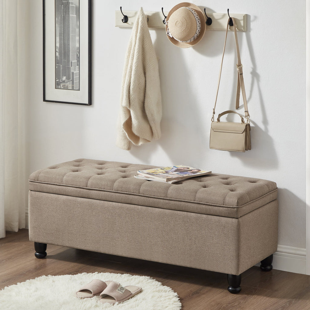 Upholstered Tufted Button Storage Bench with Hidden Storage - Linen