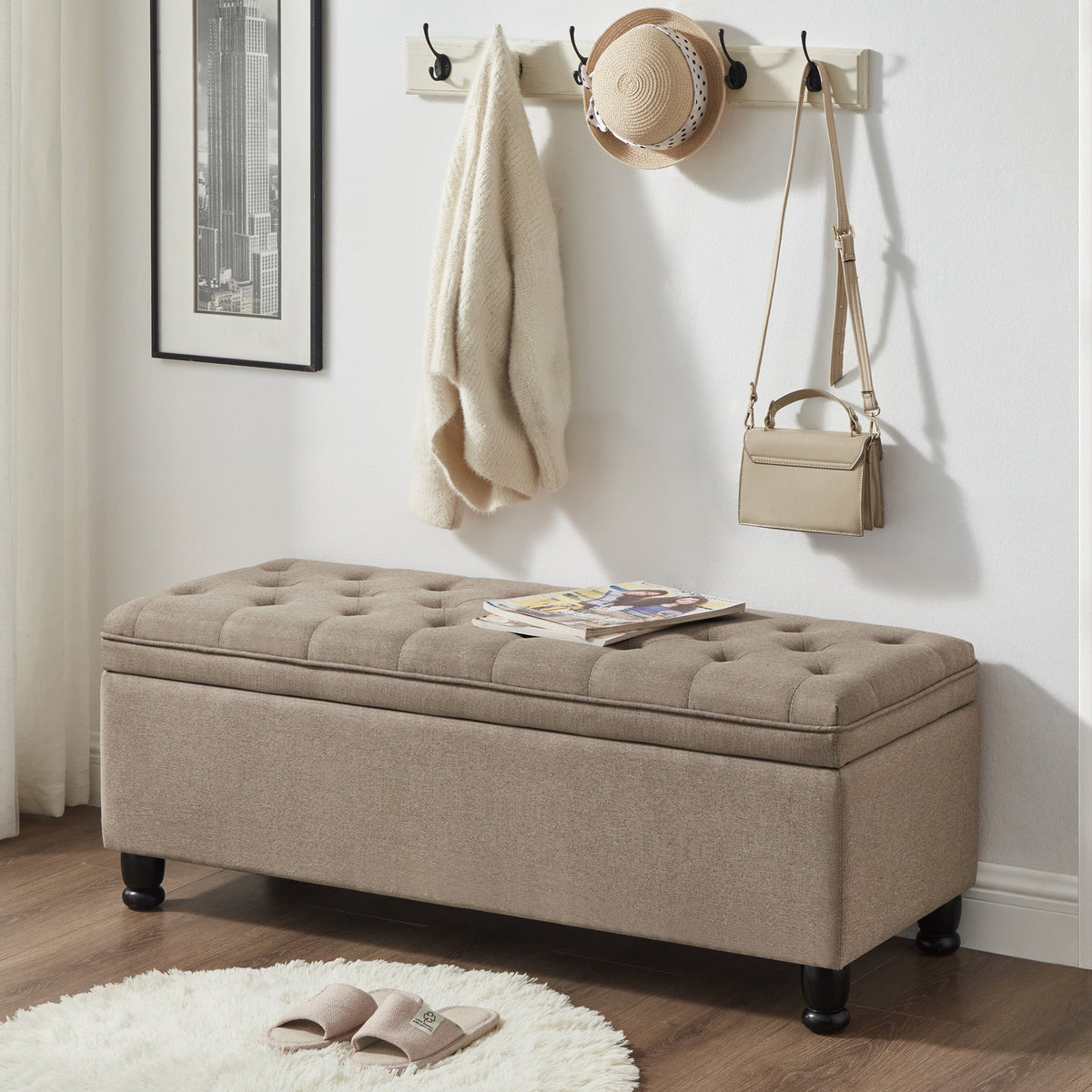 Upholstered Tufted Button Storage Bench with Hidden Storage - Linen