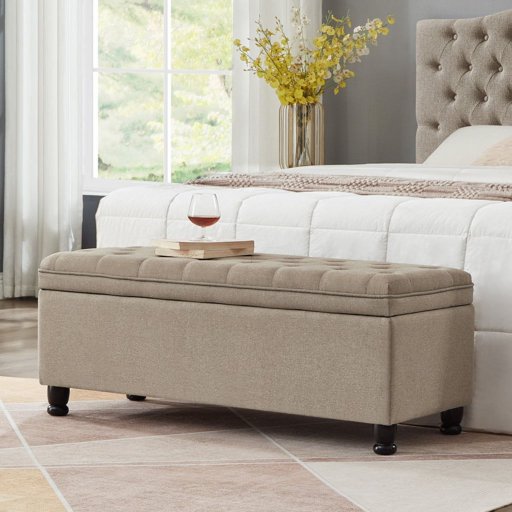 Upholstered Tufted Button Storage Bench with Hidden Storage - Linen