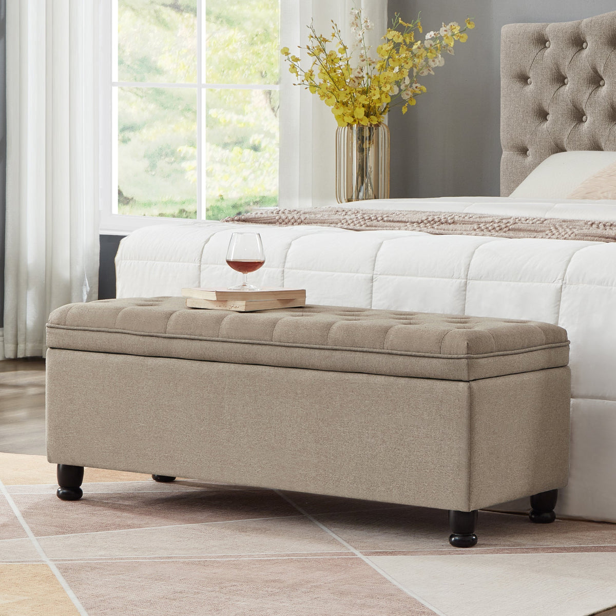 Upholstered Tufted Button Storage Bench with Hidden Storage - Linen