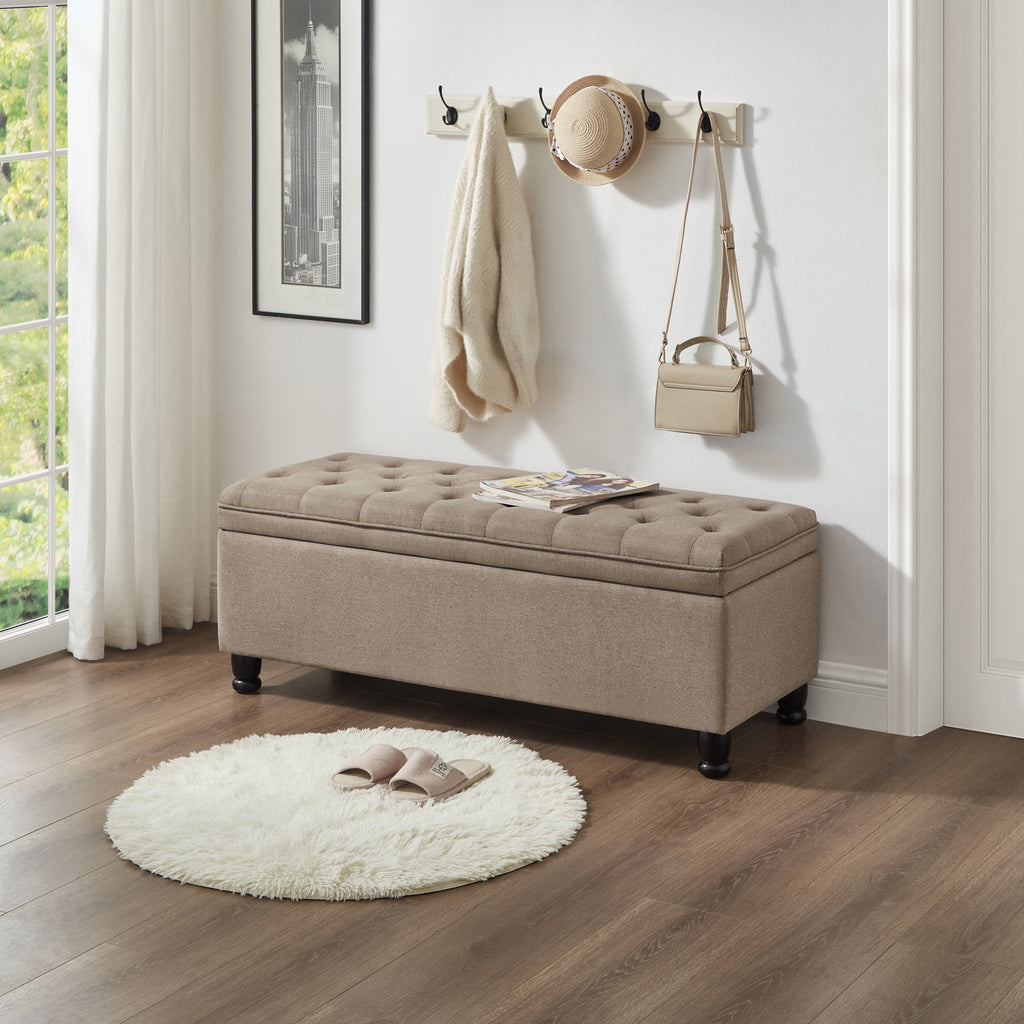 Upholstered Tufted Button Storage Bench with Hidden Storage - Linen