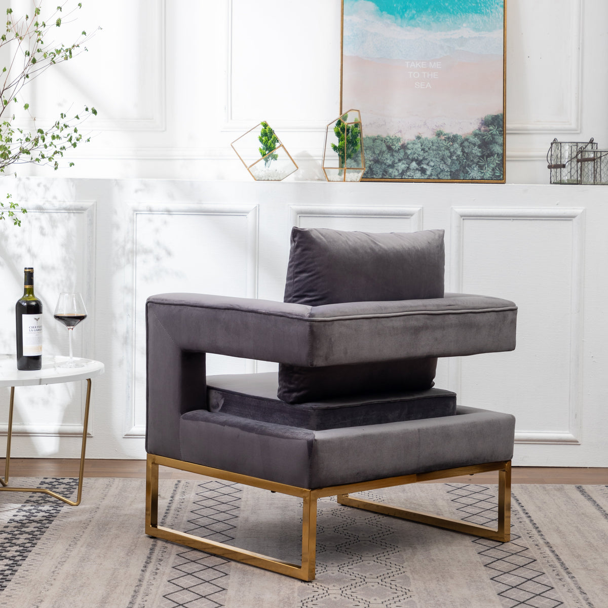 Lenola Contemporary Upholstered Accent Arm Chair with Gold Frame - Gray