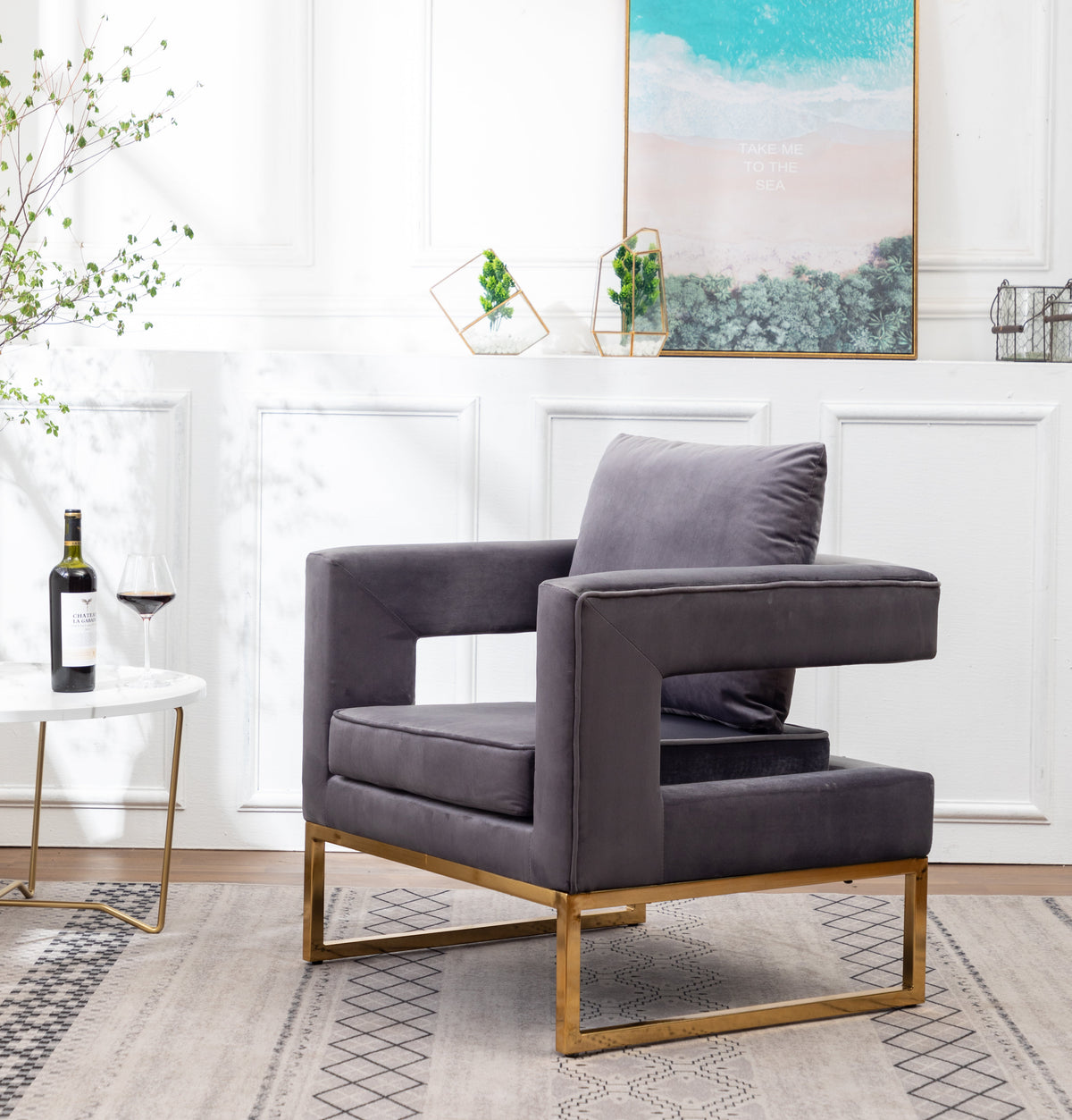 Lenola Contemporary Upholstered Accent Arm Chair with Gold Frame - Gray