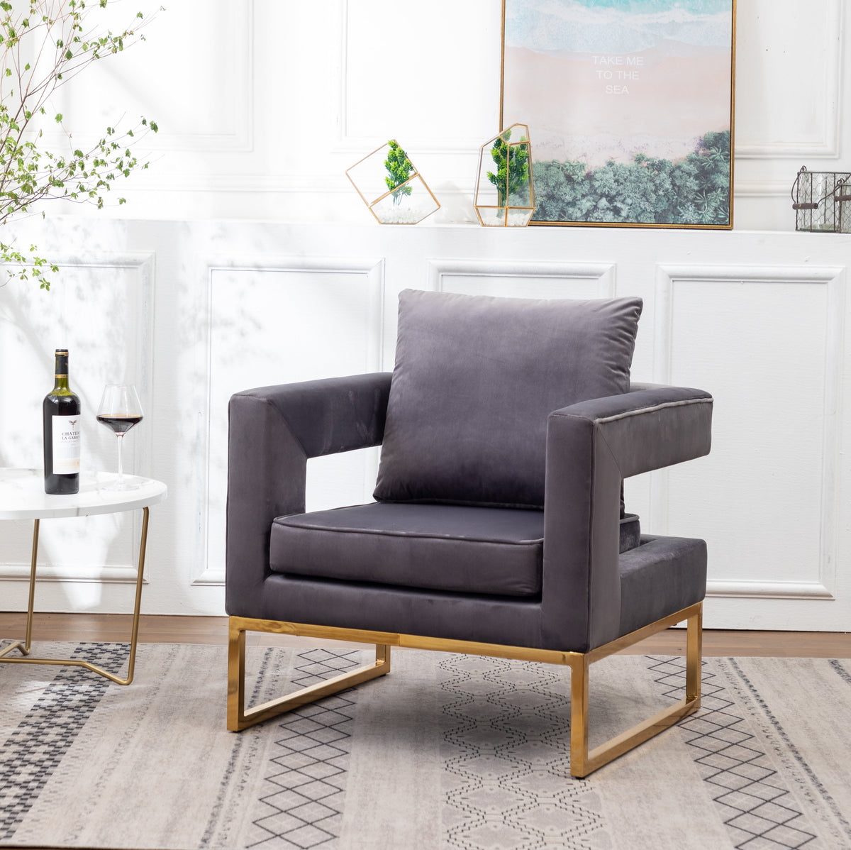 Lenola Contemporary Upholstered Accent Arm Chair with Gold Frame - Gray