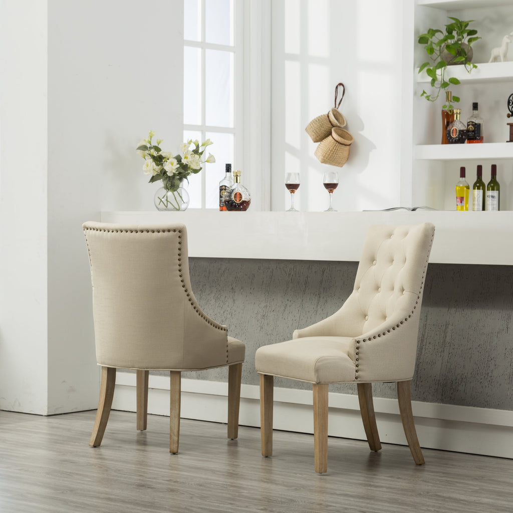 Tan Button Tufted Wingback Hostess Chairs with Solid Wood Legs - Set of 2