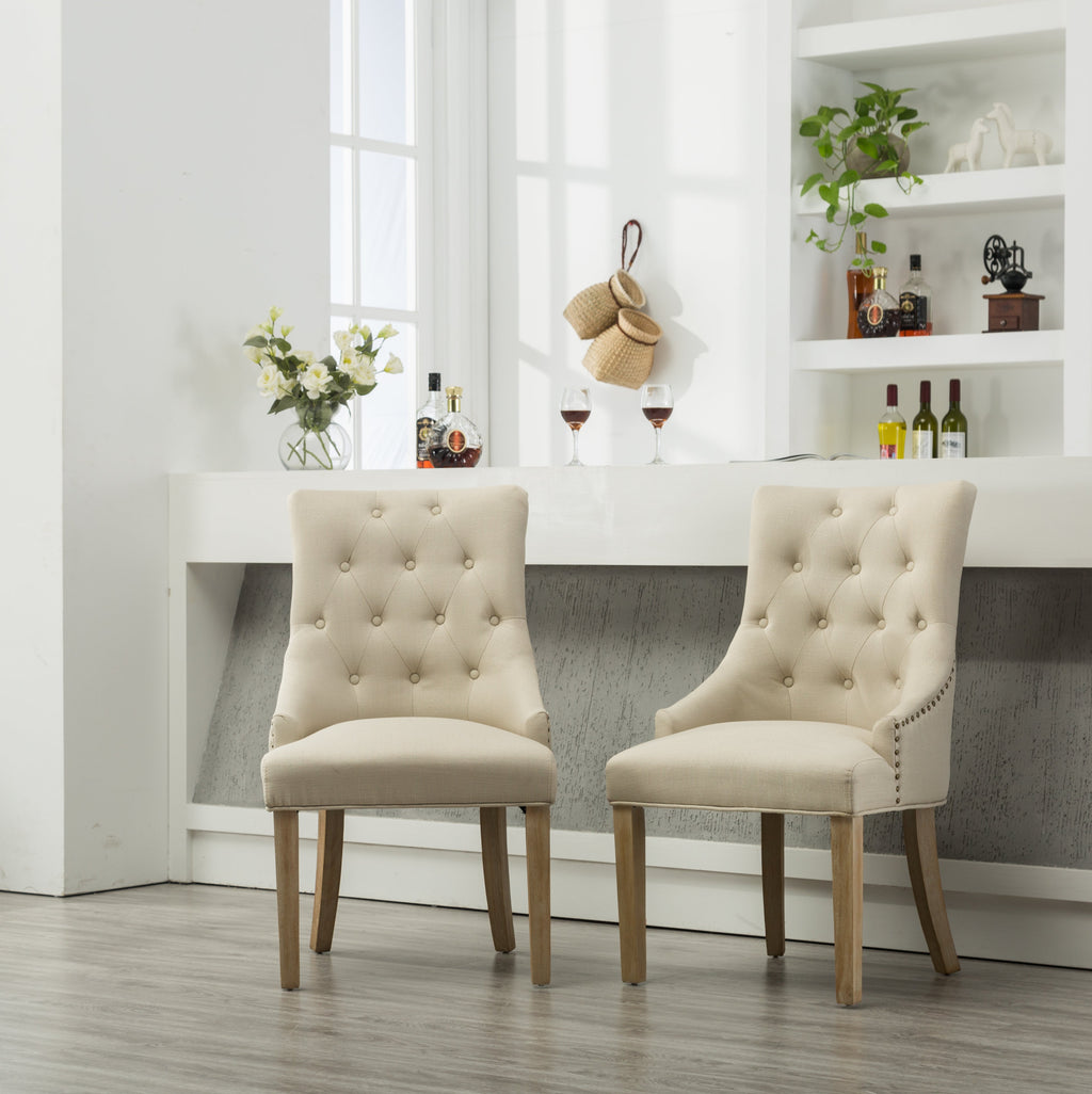 Tan Button Tufted Wingback Hostess Chairs with Solid Wood Legs - Set of 2