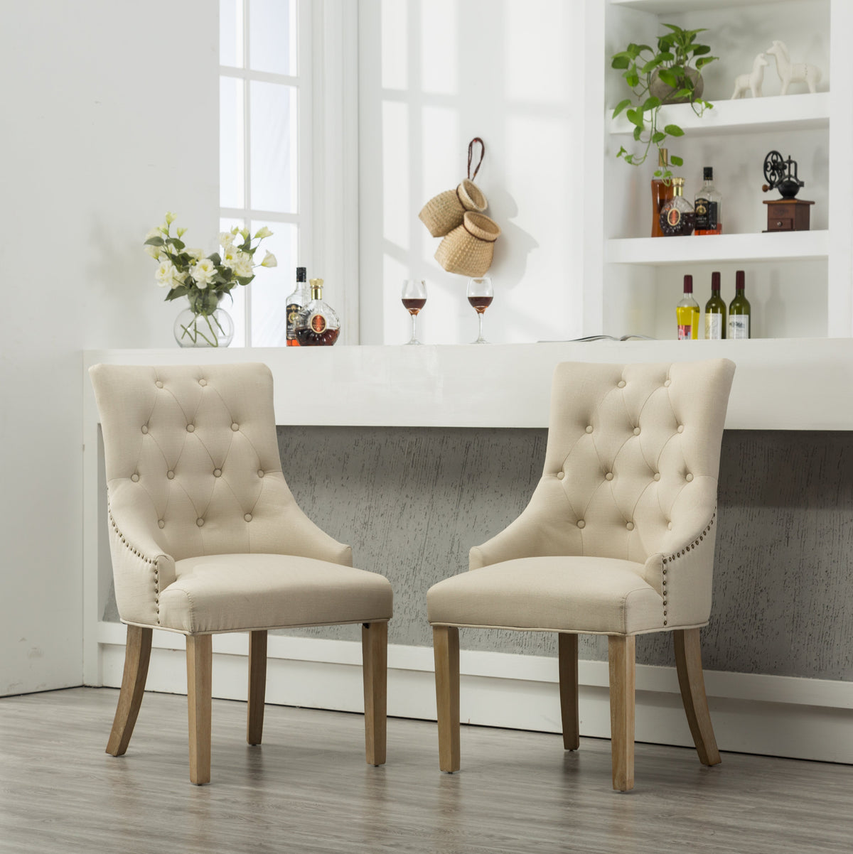 Tan Button Tufted Wingback Hostess Chairs with Solid Wood Legs - Set of 2