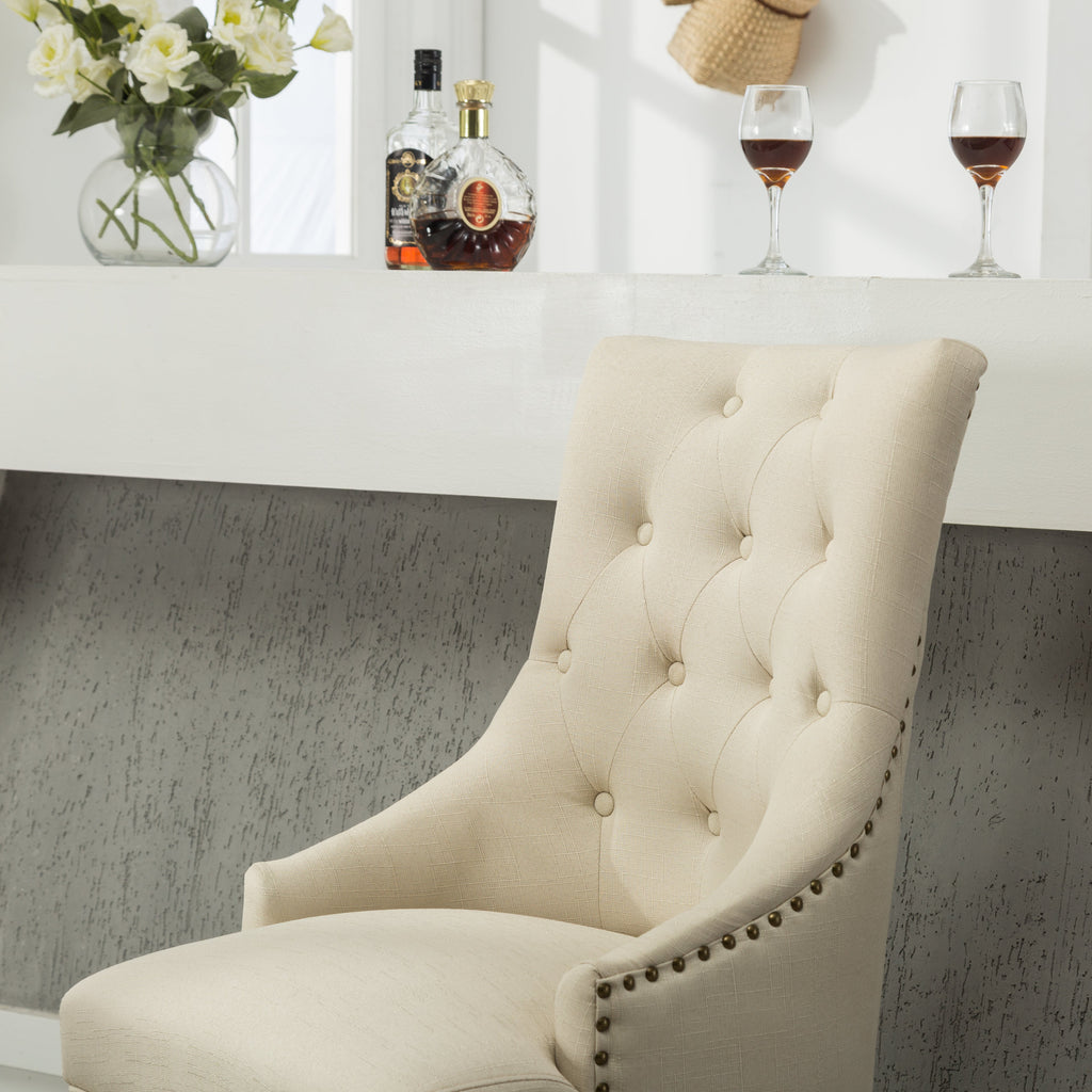 Tan Button Tufted Wingback Hostess Chairs with Solid Wood Legs - Set of 2