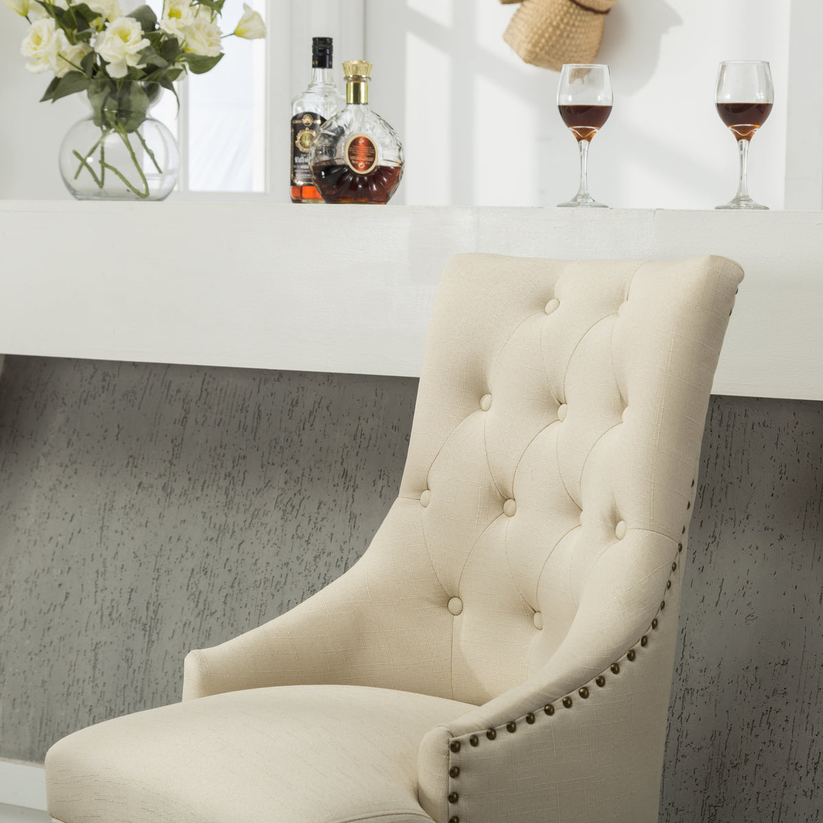 Tan Button Tufted Wingback Hostess Chairs with Solid Wood Legs - Set of 2