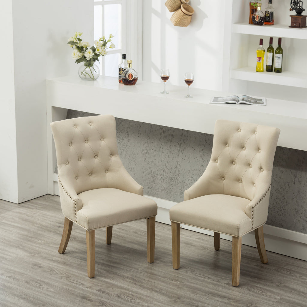 Tan Button Tufted Wingback Hostess Chairs with Solid Wood Legs - Set of 2