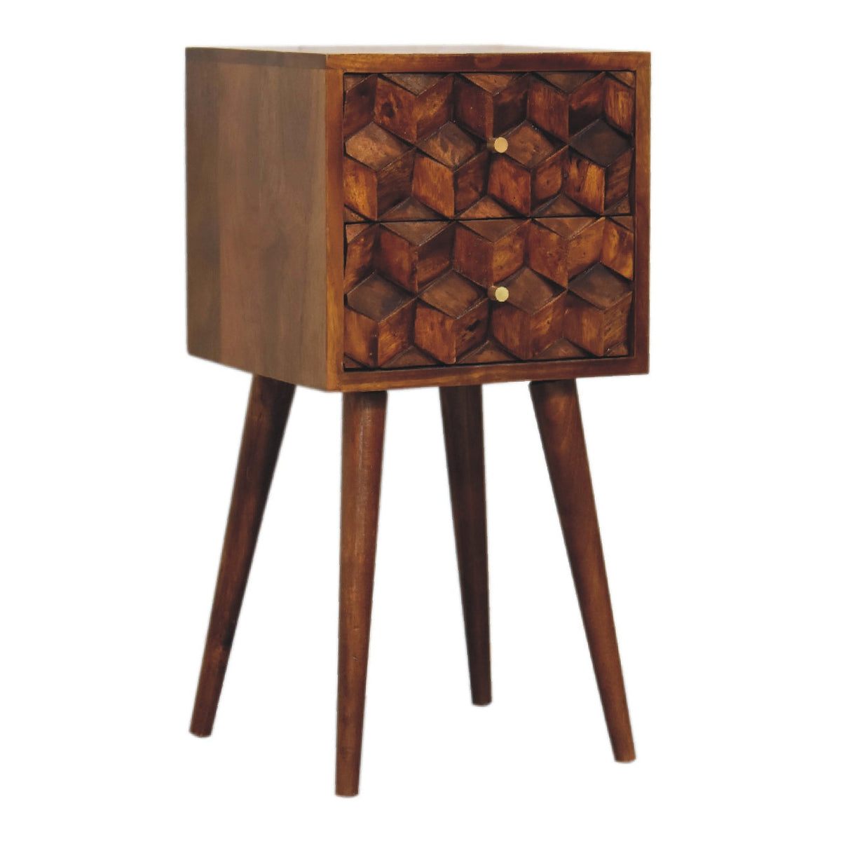 Solid Wood Mini Cube Nightstand with 2 Drawers – Chestnut