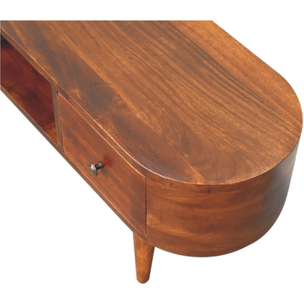Chestnut Round Open Media Unit with 2 Drawers and Open Slot - Chestnut Finish