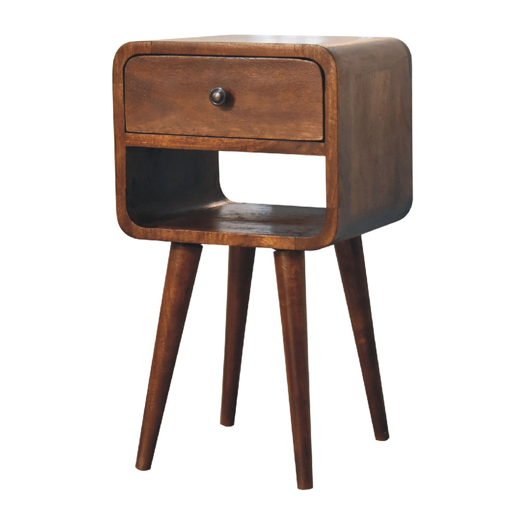 Solid Wood Mini Chestnut Curve Lower Bedside Nightstand with Drawer – Chestnut